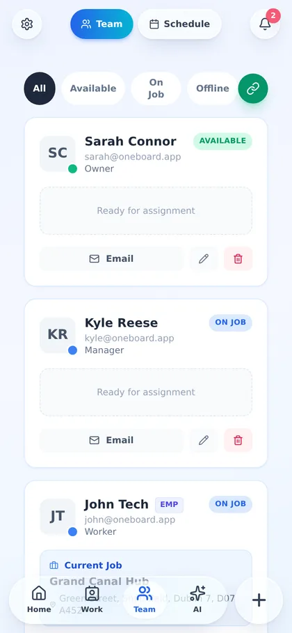 Team screen in OlasBoard listing crew members with their roles and who is available